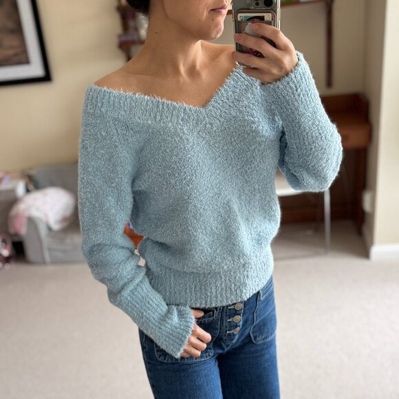NWT! J. Crew Blue Off-the-Shoulder Sweater Relaxed Fit - Picture 2 of 12